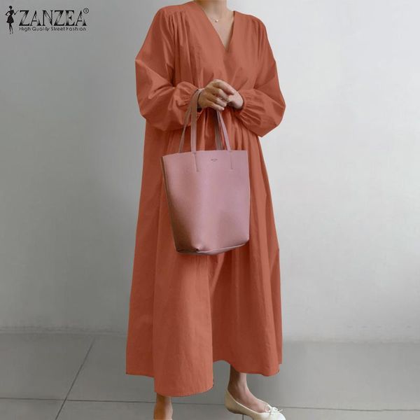 

zanzea women autumn v-neck long puff sleeve long dress casual stylish elegant party sundress solid maxi vestidos plus size 5xl, Black;gray