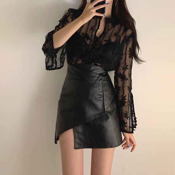 

skirts 2021 fall high waist slimming skirt pu tight black irregular small leather skirt1