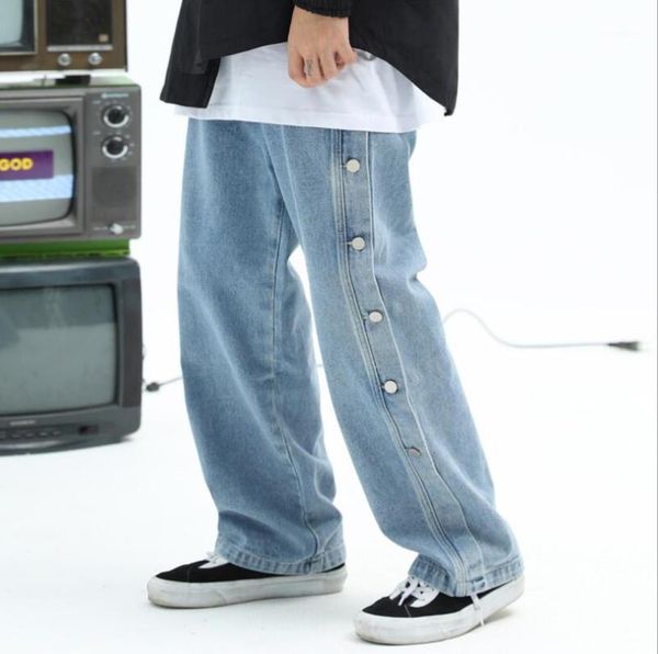 

2020 autumn jeans for men straight pants side button loose blue denim pants man casual hip hop streetwear denim trousers w10761