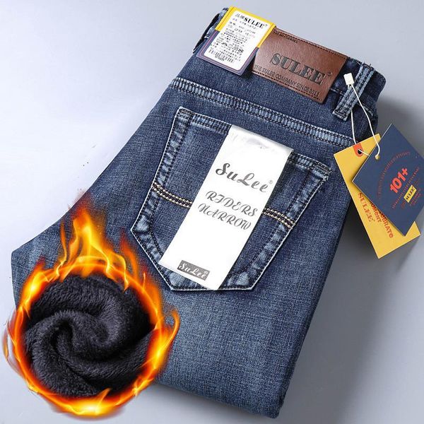 

men's jeans winter warm flannel stretch mens quality fleece pants men straight flocking trousers male undefined, Blue