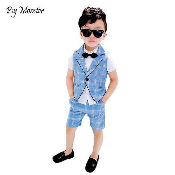 

clothing sets 2pcs vest+shorts kids boys summer gentleman children wedding dress party wear plaid formal suits f130, White