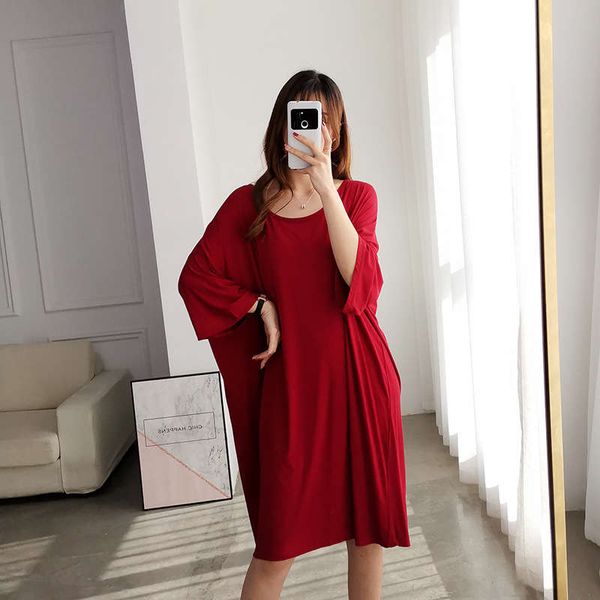 

modal t-shirt women's medium and long style european version loose size droop large round neck short sleeve dress, Black;gray