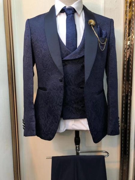 

custom made men suits navy blue pattern groom tuxedos shawl satin lapel groomsmen wedding man( jacket+pants+vest+tie ) c7621, White;black