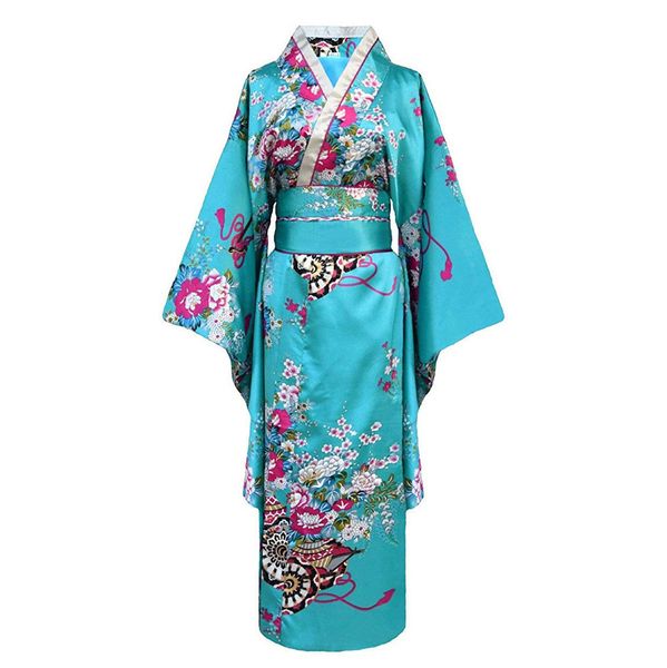 

onesize female japanese kimono bathrobe v-neck satin evening party prom vintage cosplay costume full sleeve gown, Black