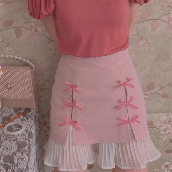 

vintage elegant bow woman skirts high waist cute split joint chiffon 2020 summer girls a line short pleated mini skirts, Black