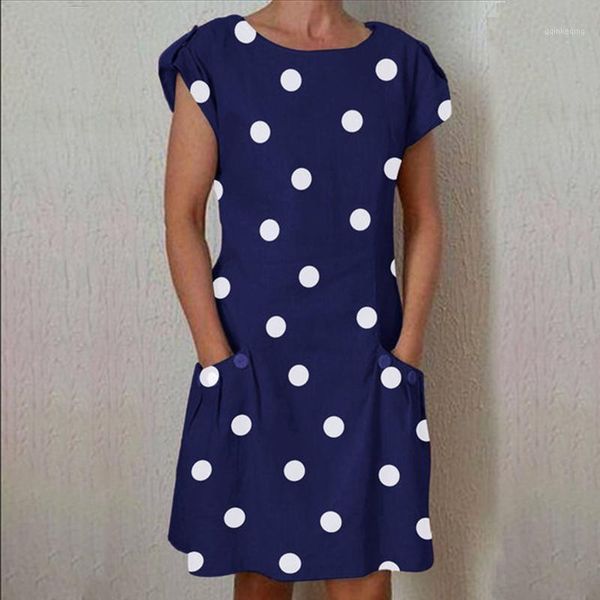 

women casual summer dress o-neck pockets print dot dresses women short sleeve party dress night beach vestidos verano 20201, White;black