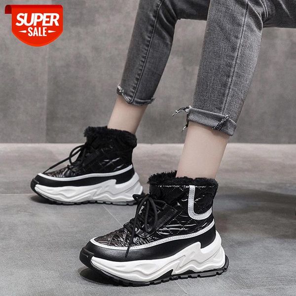 

lucyever thick plush warm winter ankle boots women lace up chunky waterproof snow boots female non slip platform cotton shoes #cw6z, Black