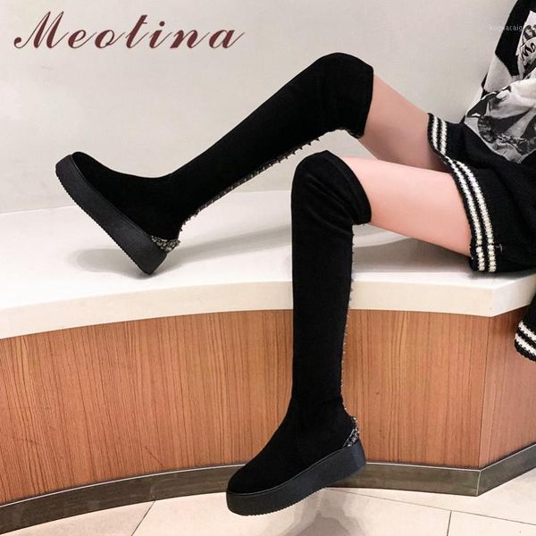 

boots meotina winter thigh high women kid suede flat platform over the knee rivets round toe shoes female black size 34-391