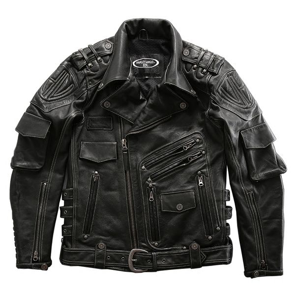 

super genuine cow skin motorcycle rider male cowhide leather jacket 98008 lj201029, Black
