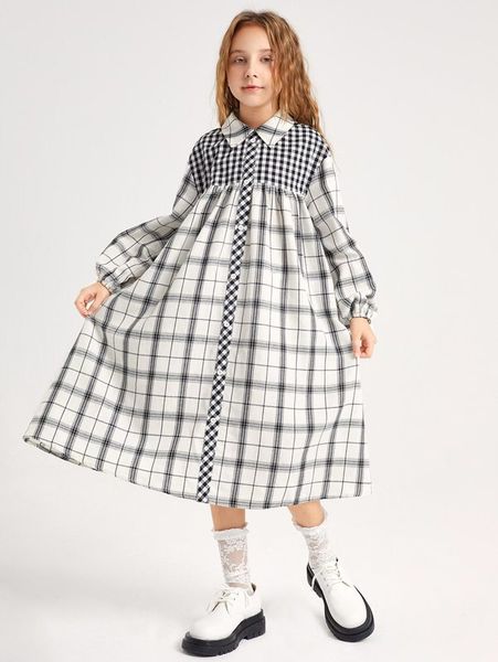 

girls plaid print bishop sleeve smock dress she, Red;yellow