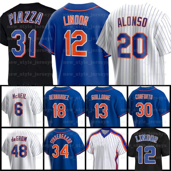 

12 francisco lindor 20 pete alonso 48 jacob degrom 31 mike piazza 17 keith hernandez yoenis cespedes new york mets baseball jersey, Blue;black