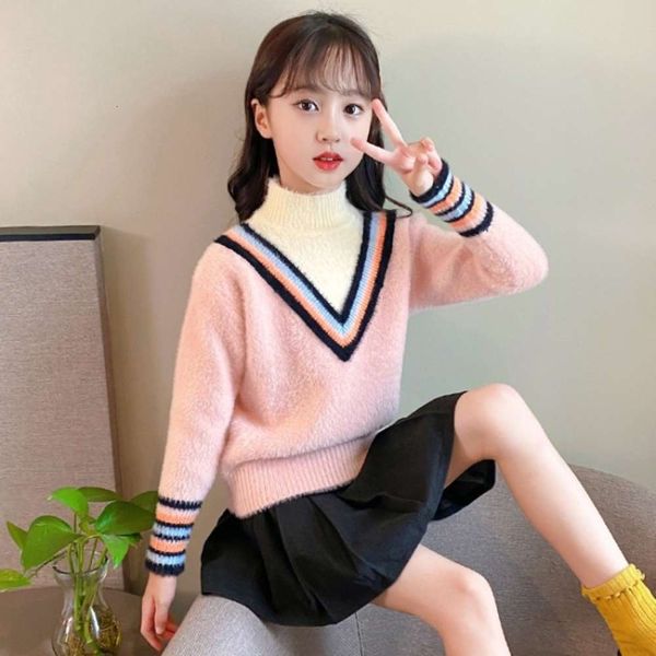 

2020 girls' v-neck autumn and winter sve color stripe imitation mink wool sweater student performance cloth children's, Blue