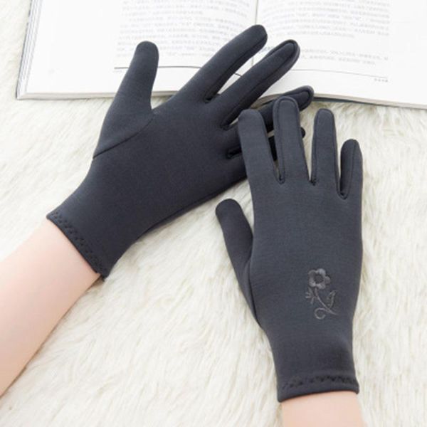 

fashion women winter warm elastic driving gloves female thicken cotton full finger flower embroidery velvet cycling mittens k671, Blue;gray