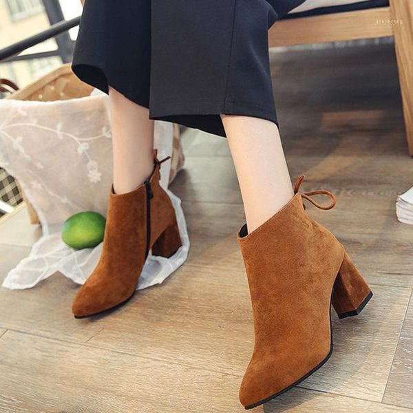 

gaoke autumn fashion women boots zip casual flock boots pointed toe high square heel warm women ankle size 35-451, Black