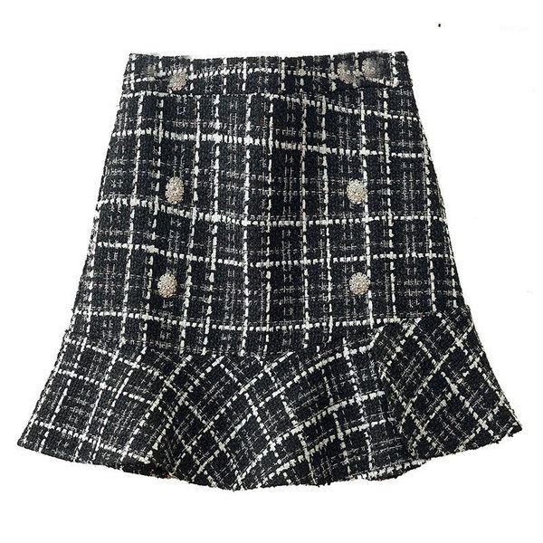 

2019 women mermaid mini skirt plaid with crystal button korean lattice high waist woolen short ruffle female jupe s-xl1, Black
