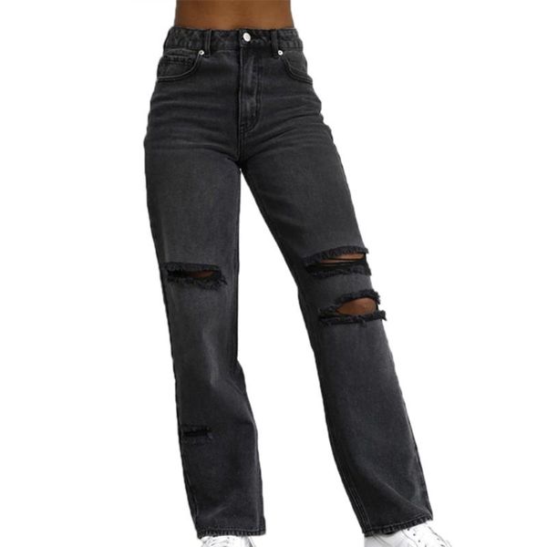 

knee ripped jeans women hole denim pants women clothing high waist frayed jeans casual pants long trousers female, Blue