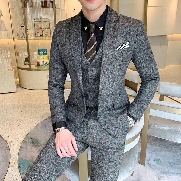 

classic dress suit men 3 piece set dark gray blue fashion men plaid suit slim fit blazer jacket and pants with vest size 5xl1, White;black