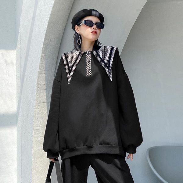 

black sweatshirt for women hit color plaid sailor collar long sleeve designer streetwear sweatshirts female 2020 style v985