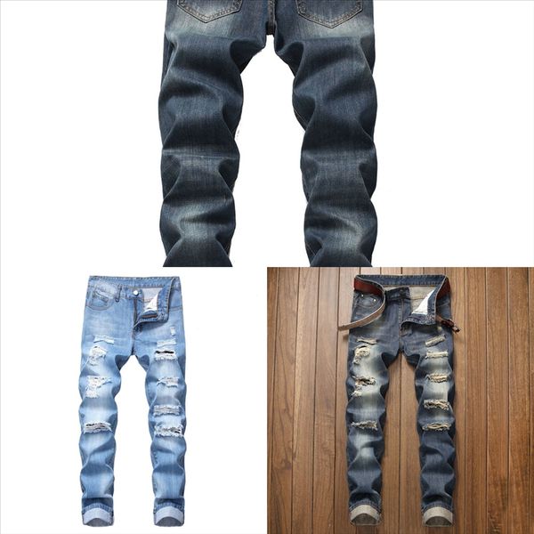

epqe4 elastic men's foreign trousers light blue jeans casual motorcycle fashion jeans man biker men washing to do the hole old fold men, Black