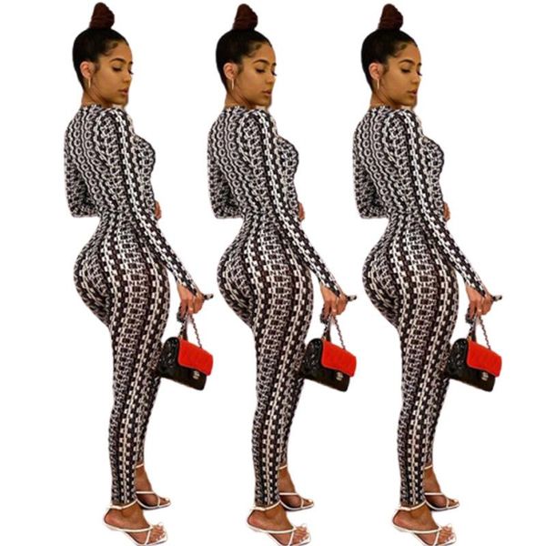 

autumn winter women jumpsuit slim fit skinny bodycon print rompers long sleeve jogging bodysuit party night jumpsuits 2020, Black;white