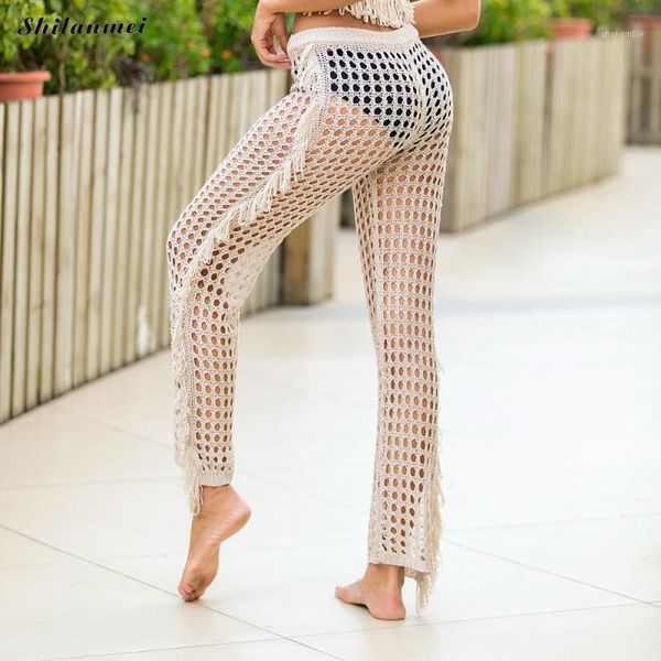 

stigende women summer beach knitted hollow out pants see through mesh crochet flare pant bodycon party trousers clubwear1, Black;white