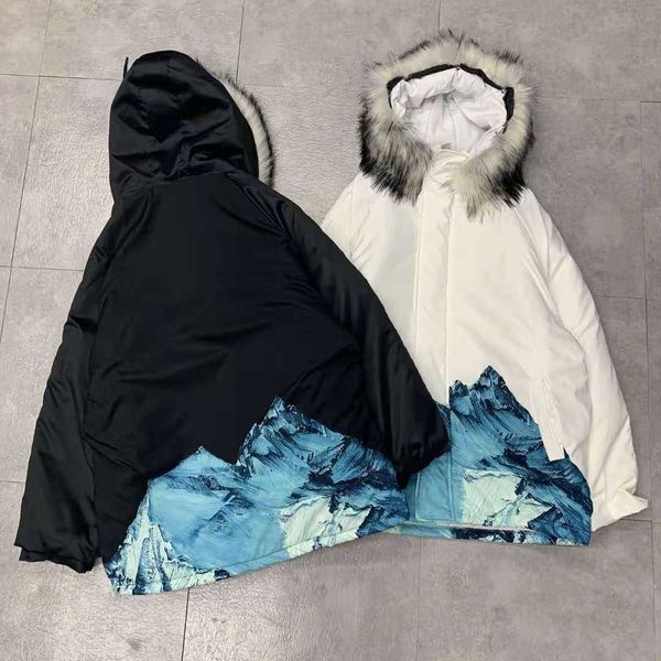 

3d printed fur collar cotton-padded jacket concise and clear design detachable fur collar design loose large version, Black