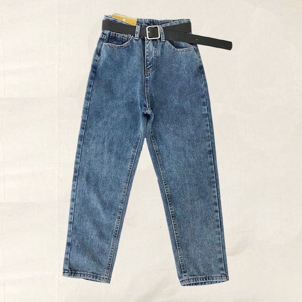 

2021 new high-waisted brim vintage solid pants loose plus high street size denim pantalon femme belt ehmx, Blue