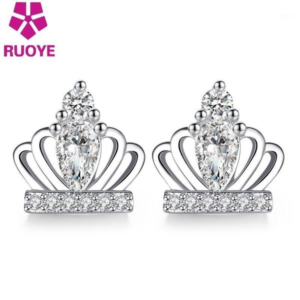 

stud ruoye gold silver color luxury crystal women earring princess crown design for fashion jewelry1, Golden;silver