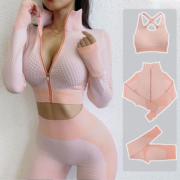 

yoga outfits seamless female zipper set gym suit wear running fitness clothes sport + leggings, White;red