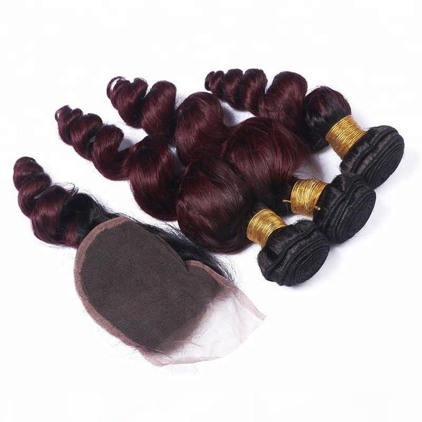 

popular loose wave bundles brazilian human hair 1b 99j ombre bundles with 4*4 closure for woman, Black;brown