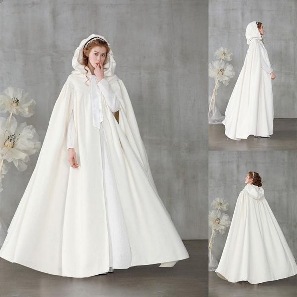 Mantello con cappuccio avorio Mantelli da sposa Mantelle 2021 Inverno Halloween Natale Lunghezza del pavimento Giacche da sposa Abiti da damigella d'onore