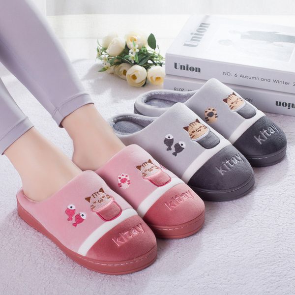 

женщины дом милые кошки тапочки мультяшные обувь нескользящая мягкие теплые дома тапочки крытый пары пол осень зима новый 201203, Black