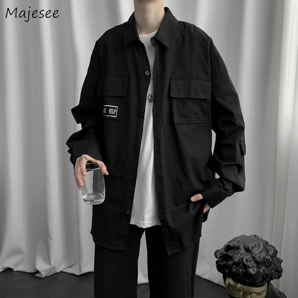 

spring new arrival men shirts vintage pockets letter print baggy teens japanese style retro safari bottoming shirt male stylish c1211, White;black