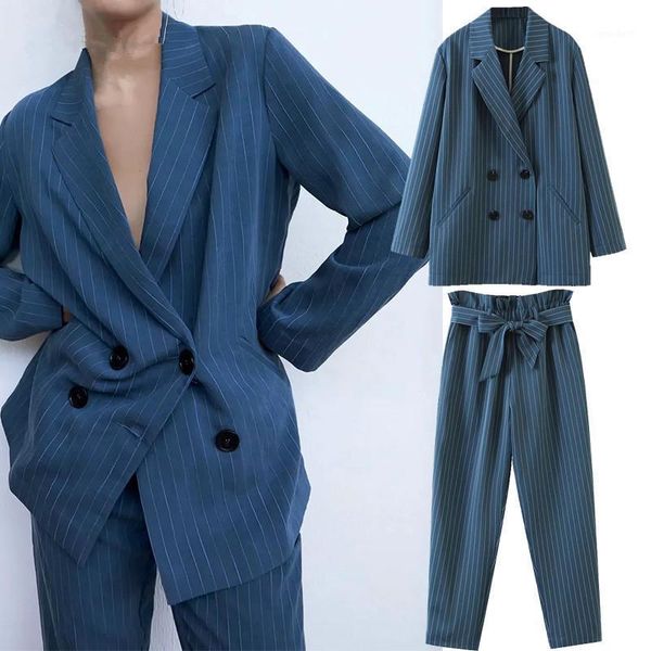 

women's two piece pants 2 pieces sets women england office solid simple stripe double breasted blazers jackets and trousers1, White