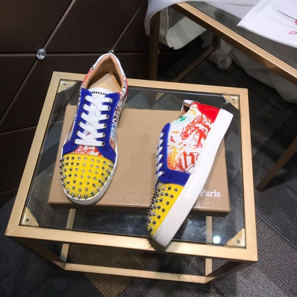 

men women casual shoes designer red bottom studded spikes fashion insider sneakers black white leather low-size 35-47