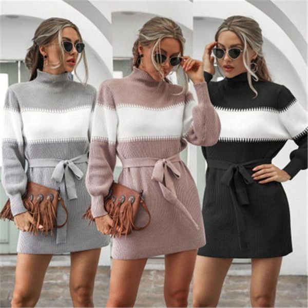 

women lantern sleeve knitting sweater dress fashion trend long sleeve high neck short skirt designer female winter colorblocked casual dress, Black;gray