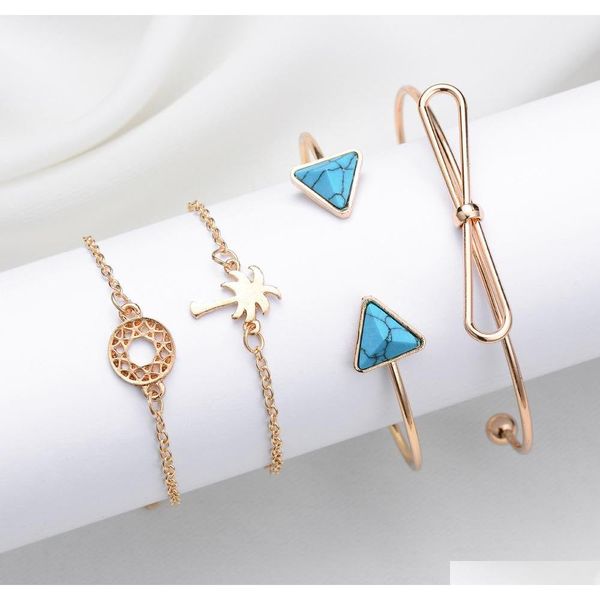 

s1002 fashion jewelry vintage bracelet set triangle turquoise bowknot hollowed circle coconut palm sqcpor homes2007, Golden;silver