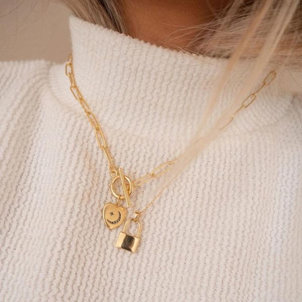 

chains vintage 2021 geometric chain lock sun heart pendant necklaces for women multilevel boho fashion thick necklace jewelry, Silver