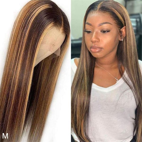 

lace wigs 28 30 inch 13x4 front human hair for women straight brazilian remy highlight ombre 4/27 brown frontal wig pre plucked, Black;brown