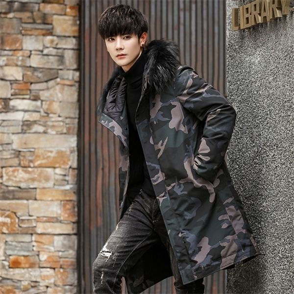 

mens long camouflage down jacket with fox fur collar for 2020 winter clothing men slim fit puffer coats black fluffy bubble coat q1209