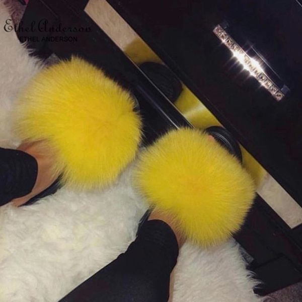 

ethel anderson womens real fox raccoon fur slippers slides summer beach flip flops casual cute fur sandals plush shoes y200423, Black