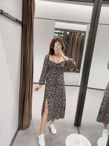 

trendy 2020 summer women's new square neck bubble sleeve print stitched split long dress, Black;gray