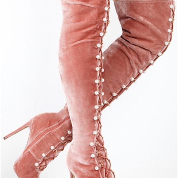 

design elegant of velvet pearl embellish cross bandage thigh woman high heels pointed toe on knee boots dfyw, Black