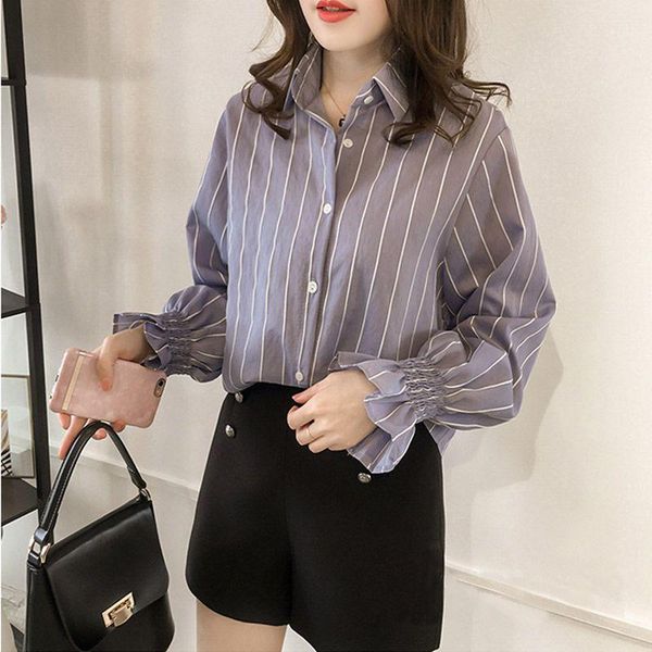 

women striped print blouse college pocket lapel trumpet sleeve loose shirt 11, White