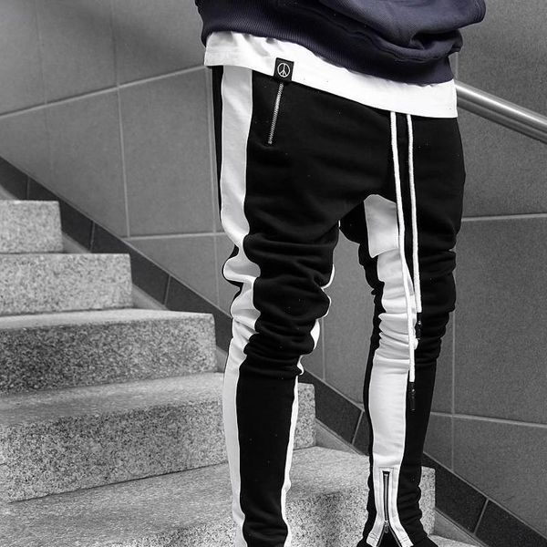 

fashionable mens jogging pants zipper pocket casual pants fitness mens sportswear stitching bottoms tight sports pants trouser, Black