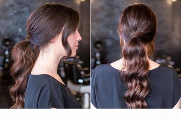 

100% remy clip in human hair extensions wrap around wavy ponytail hairpiece 120g chestnut brown dyeable, Black