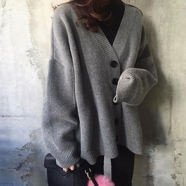 

women sweater jacket 2020 oversized knitted cardigans loose gray beige jumpers korean clothing robe long elegnat female coat1, White