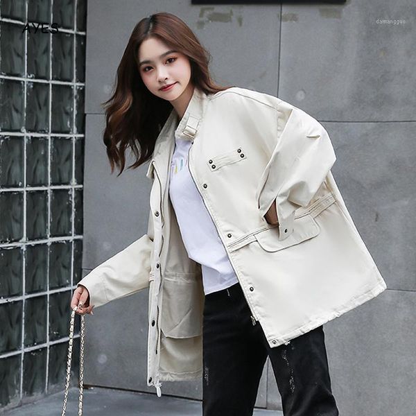 

women harajuku jacket autumn white long jacket loose pink coat wide waist stand collar women long sleeve oversized shirt coat1, Black;brown