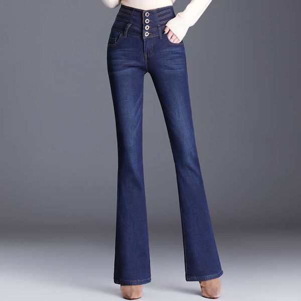

2020 new plush thickened jeans autumn and winter stretch thin micro pull women's high waist warm temperament pants, Blue