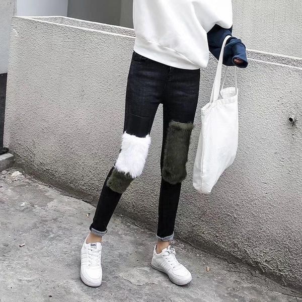 

women's jeans autumn and winter high waist tight thick fashion wild black nine pants fur stitching ladies, Blue